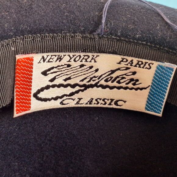 Vintage Mr. John Classic Wool Hat Wide Brim Satin Bow Navy Blue MCM Made in USA - Picture 7 of 13